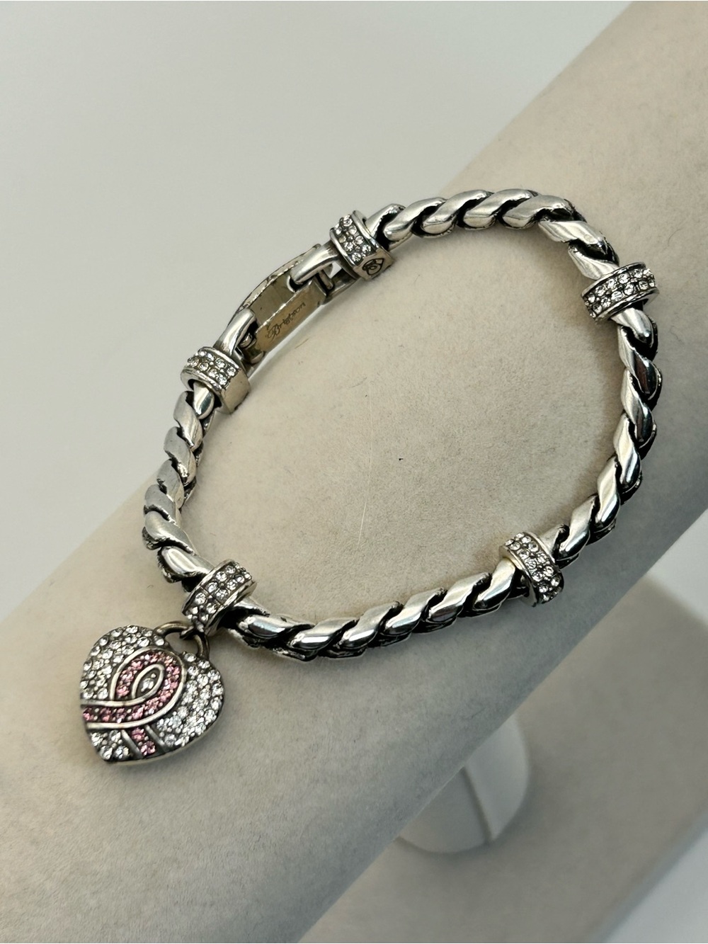 Brighton Meridian Power of Pink Heart Charm Bracelet 7" Silver Plated Crystals